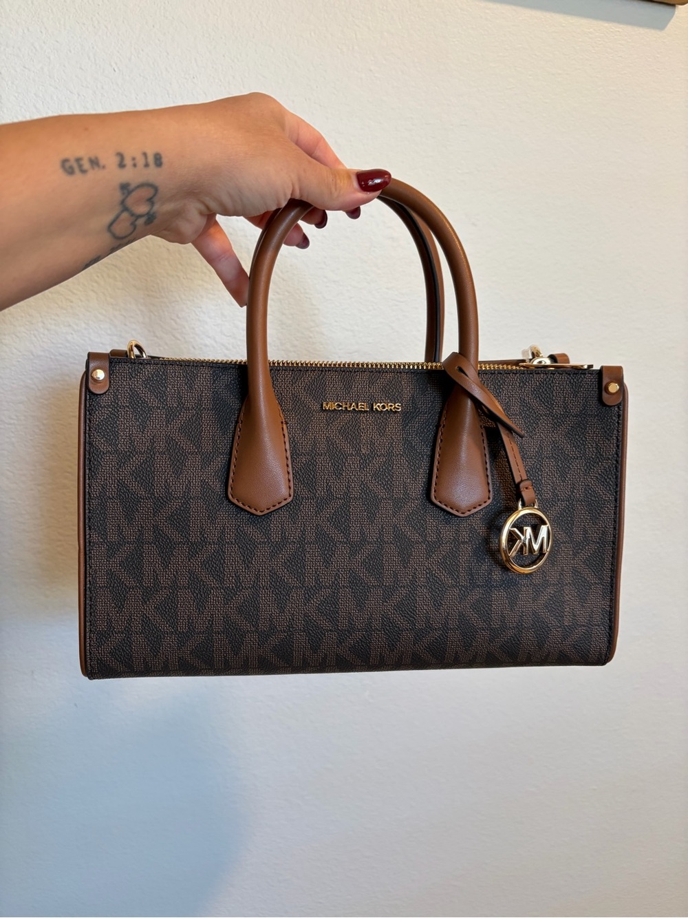 New Michael Kors Brown MK Signature Satchel with Gold Charm